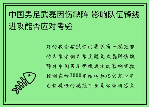 中国男足武磊因伤缺阵 影响队伍锋线进攻能否应对考验 中国男足武磊因伤缺阵 影响队伍锋线进攻能否应对考验